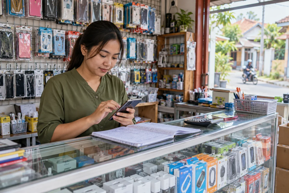 Pemilik konter memeriksa smartphone dan buku operasional di meja pelayanan.
